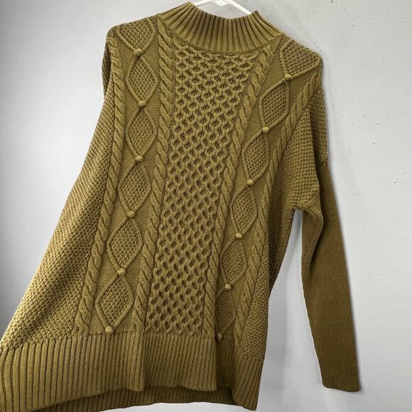 J Crew Cable Knit Fisherman Sweater S Oversized Olive Green Mock Neck Anglercore - Picture 3 of 7